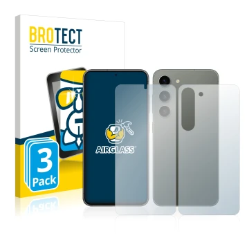 Face avant d’un emballage produit avec le logo de la marque BROTECT. À côté, l’appareil Samsung Galaxy S23 Plus (Avant+Arrière