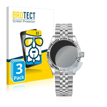 Face avant d’un emballage produit avec le logo de la marque BROTECT. À côté, l’appareil Rolex Datejust 31 est représenté avec 