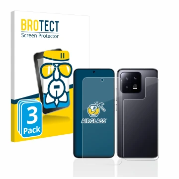 Face avant d’un emballage produit avec le logo de la marque BROTECT. À côté, l’appareil Xiaomi 13 (Avant+Arrière) est représen