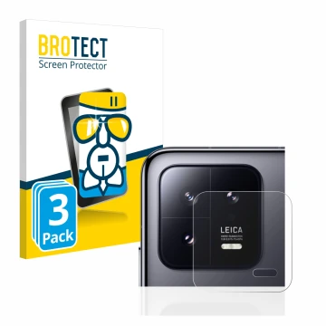 Face avant d’un emballage produit avec le logo de la marque BROTECT. À côté, l’appareil Xiaomi 13 (Caméra UNIQUEMENT) est repr