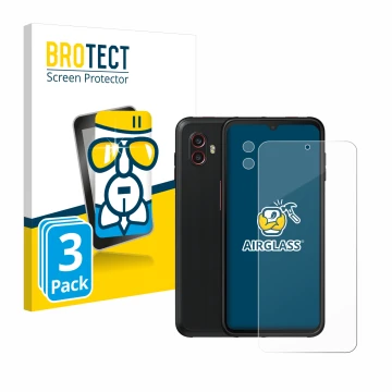 Face avant d’un emballage produit avec le logo de la marque BROTECT. À côté, l’appareil Samsung Galaxy XCover 6 Pro Enterprise
