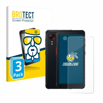 Face avant d’un emballage produit avec le logo de la marque BROTECT. À côté, l’appareil Samsung Galaxy XCover 5 Enterprise Edi
