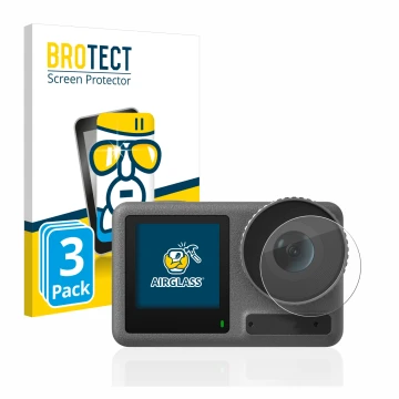 Face avant d’un emballage produit avec le logo de la marque BROTECT. À côté, l’appareil DJI Osmo Action 3 (Lentille) est repré