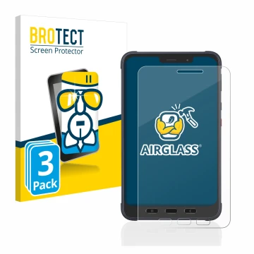 Face avant d’un emballage produit avec le logo de la marque BROTECT. À côté, l’appareil Samsung Galaxy Tab Active 3 Enterprise