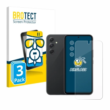 Face avant d’un emballage produit avec le logo de la marque BROTECT. À côté, l’appareil Samsung Galaxy A54 5G (Avant+Caméra) e