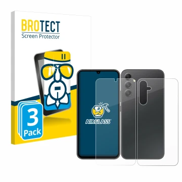 Face avant d’un emballage produit avec le logo de la marque BROTECT. À côté, l’appareil Samsung Galaxy A34 5G (Avant+Arrière) 