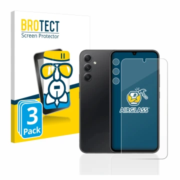 Face avant d’un emballage produit avec le logo de la marque BROTECT. À côté, l’appareil Samsung Galaxy A34 5G (Avant+Caméra) e
