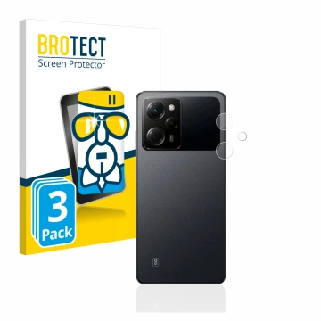 Face avant d’un emballage produit avec le logo de la marque BROTECT. À côté, l’appareil Xiaomi Poco X5 Pro (Caméra UNIQUEMENT)