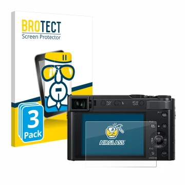 Face avant d’un emballage produit avec le logo de la marque BROTECT. À côté, l’appareil Panasonic Lumix DC-TZ202D est représen