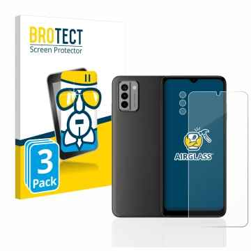 Face avant d’un emballage produit avec le logo de la marque BROTECT. À côté, l’appareil Nokia G22 (Avant+Caméra) est représent