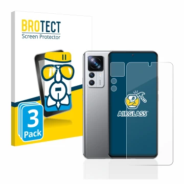 Face avant d’un emballage produit avec le logo de la marque BROTECT. À côté, l’appareil Xiaomi 12T Pro (Avant+Caméra) est repr
