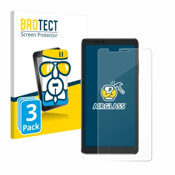 Face avant d’un emballage produit avec le logo de la marque BROTECT. À côté, l’appareil Hisense A9 est représenté avec la prot