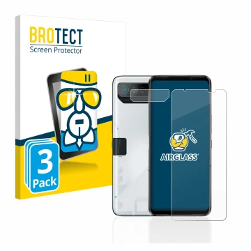 Face avant d’un emballage produit avec le logo de la marque BROTECT. À côté, l’appareil ASUS ROG Phone 7 (Avant+Caméra) est re