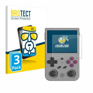 Face avant d’un emballage produit avec le logo de la marque BROTECT. À côté, l’appareil Anbernic RG353V est représenté avec la
