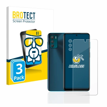 Face avant d’un emballage produit avec le logo de la marque BROTECT. À côté, l’appareil Motorola Moto G42 (Avant+Caméra) est r