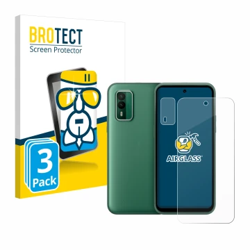 Face avant d’un emballage produit avec le logo de la marque BROTECT. À côté, l’appareil Nokia XR21 (Avant+Caméra) est représen