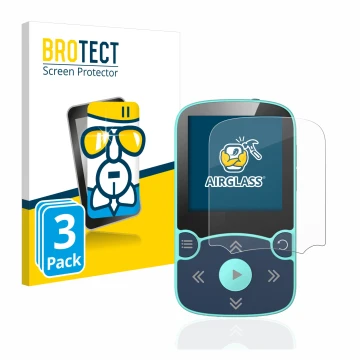 Face avant d’un emballage produit avec le logo de la marque BROTECT. À côté, l’appareil AGPtek A65X MP3 Player with clip est r