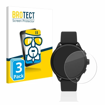 Face avant d’un emballage produit avec le logo de la marque BROTECT. À côté, l’appareil Fossil Smartwatch Wellness (Gen 6) Hyb