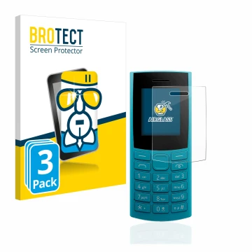 Face avant d’un emballage produit avec le logo de la marque BROTECT. À côté, l’appareil Nokia 105 4G (2023) est représenté ave