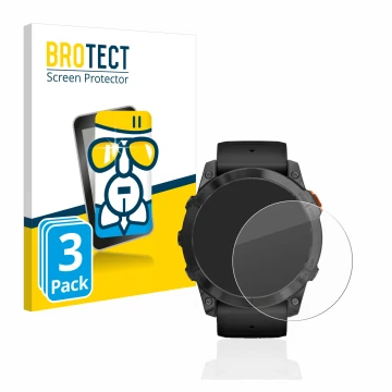 Face avant d’un emballage produit avec le logo de la marque BROTECT. À côté, l’appareil Garmin Fenix 7X Pro Solar (51 mm) est 