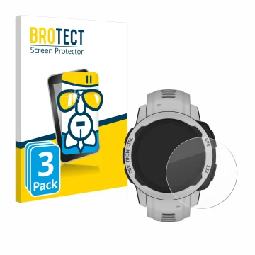 Face avant d’un emballage produit avec le logo de la marque BROTECT. À côté, l’appareil Garmin Instinct 2S Solar (40 mm) est r