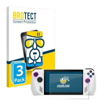 Face avant d’un emballage produit avec le logo de la marque BROTECT. À côté, l’appareil ASUS ROG Ally (2023) RC71L est représe