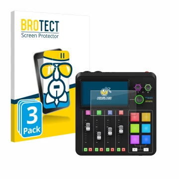 Face avant d’un emballage produit avec le logo de la marque BROTECT. À côté, l’appareil Rode Rodecaster Duo est représenté ave