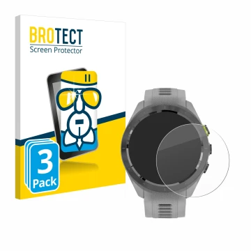 Face avant d’un emballage produit avec le logo de la marque BROTECT. À côté, l’appareil Garmin Approach S70 (42 mm) est représ