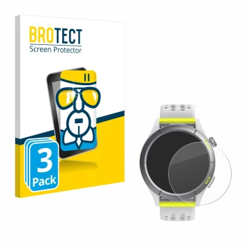 Face avant d’un emballage produit avec le logo de la marque BROTECT. À côté, l’appareil Huami Amazfit Cheetah est représenté a