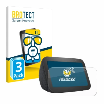 Face avant d’un emballage produit avec le logo de la marque BROTECT. À côté, l’appareil Amazon Echo Show 5 (3ème Gen.) est rep