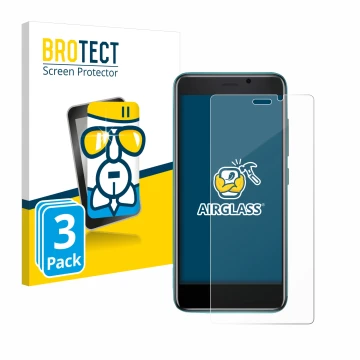 Face avant d’un emballage produit avec le logo de la marque BROTECT. À côté, l’appareil Cubot J 20 est représenté avec la prot