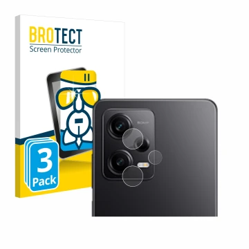 Face avant d’un emballage produit avec le logo de la marque BROTECT. À côté, l’appareil Xiaomi Redmi Note 12 Pro 5G (Caméra UN