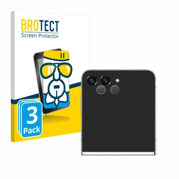 Face avant d’un emballage produit avec le logo de la marque BROTECT. À côté, l’appareil Samsung Galaxy Z Flip 5 (Caméra UNIQUE