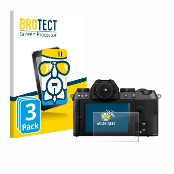 Face avant d’un emballage produit avec le logo de la marque BROTECT. À côté, l’appareil Fujifilm X-S20 est représenté avec la 