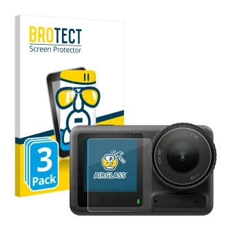 Face avant d’un emballage produit avec le logo de la marque BROTECT. À côté, l’appareil DJI Osmo Action 4 (Affichage avant) es