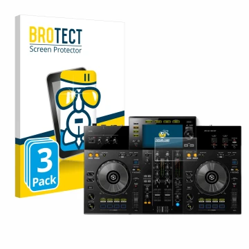 Face avant d’un emballage produit avec le logo de la marque BROTECT. À côté, l’appareil Pioneer XDJ -RR est représenté avec la