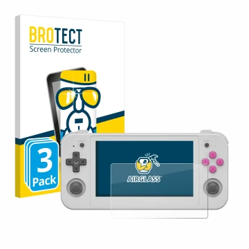 Face avant d’un emballage produit avec le logo de la marque BROTECT. À côté, l’appareil Anbernic RG505 est représenté avec la 