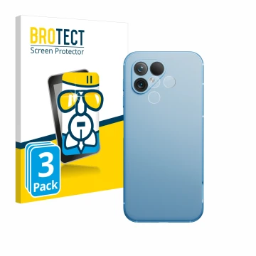 Face avant d’un emballage produit avec le logo de la marque BROTECT. À côté, l’appareil Fairphone 5 (Caméra UNIQUEMENT) est re