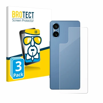 Face avant d’un emballage produit avec le logo de la marque BROTECT. À côté, l’appareil Sony Xperia 5 V (Arrière) est représen