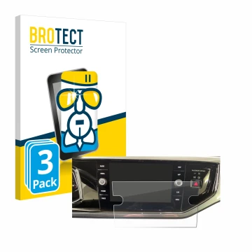 Face avant d’un emballage produit avec le logo de la marque BROTECT. À côté, l’appareil Volkswagen Polo VI Ready 2 Discover 8