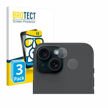 Face avant d’un emballage produit avec le logo de la marque BROTECT. À côté, l’appareil Apple iPhone 15 (Caméra UNIQUEMENT) es