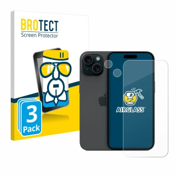 Face avant d’un emballage produit avec le logo de la marque BROTECT. À côté, l’appareil Apple iPhone 15 (Avant+Caméra) est rep