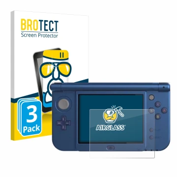 Face avant d’un emballage produit avec le logo de la marque BROTECT. À côté, l’appareil Nintendo New 3DS XL (Affichage inférie