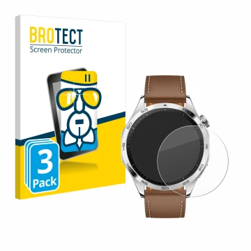 Face avant d’un emballage produit avec le logo de la marque BROTECT. À côté, l’appareil Huawei Watch GT 4 (46mm) est représent