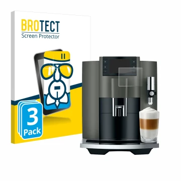 Face avant d’un emballage produit avec le logo de la marque BROTECT. À côté, l’appareil Jura E8 (EC) est représenté avec la pr
