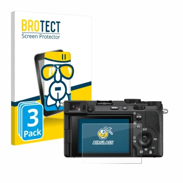 Face avant d’un emballage produit avec le logo de la marque BROTECT. À côté, l’appareil Sony Alpha 7CR est représenté avec la 