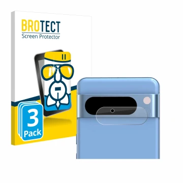 Face avant d’un emballage produit avec le logo de la marque BROTECT. À côté, l’appareil Google Pixel 8 Pro (Caméra UNIQUEMENT)