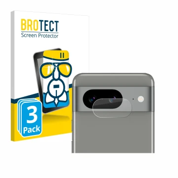 Face avant d’un emballage produit avec le logo de la marque BROTECT. À côté, l’appareil Google Pixel 8 (Caméra UNIQUEMENT) est