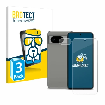 Face avant d’un emballage produit avec le logo de la marque BROTECT. À côté, l’appareil Google Pixel 8 (Avant+Caméra) est repr