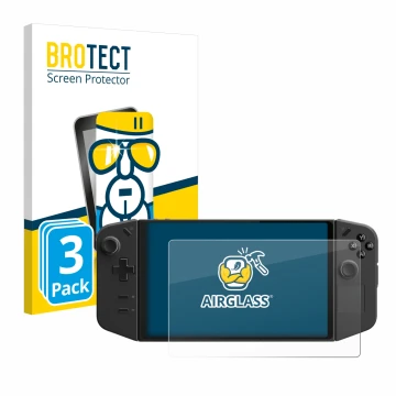 Face avant d’un emballage produit avec le logo de la marque BROTECT. À côté, l’appareil Lenovo Legion Go est représenté avec l